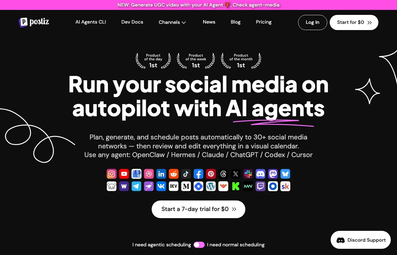 Postiz is an open-source, self-hosted social scheduler that markets 30+ platform connections and AI-agent posting.