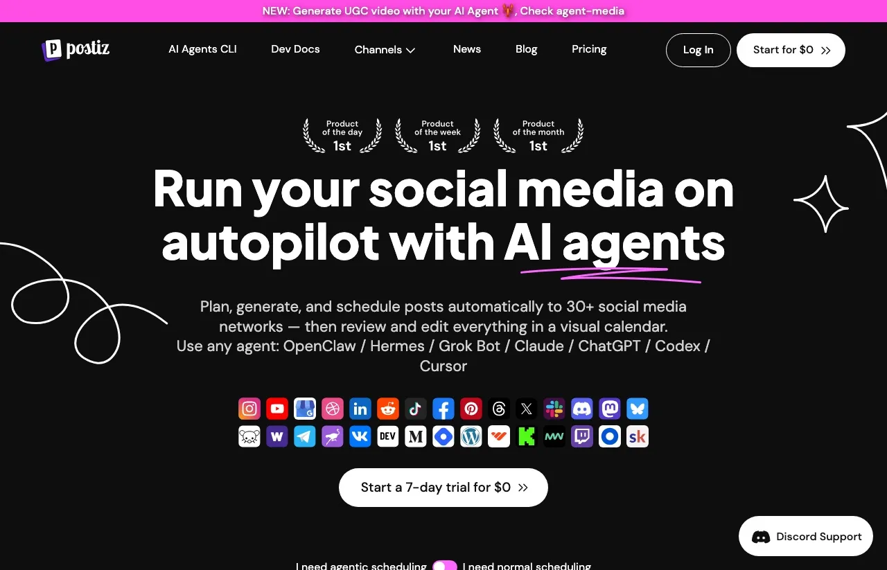 Postiz's homepage: run your social media on autopilot with AI agents, with a 7-day trial and a row of supported networks.