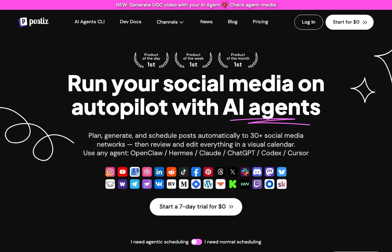 Postiz's homepage, an open-source agentic social media scheduler you can self-host or run in the cloud.