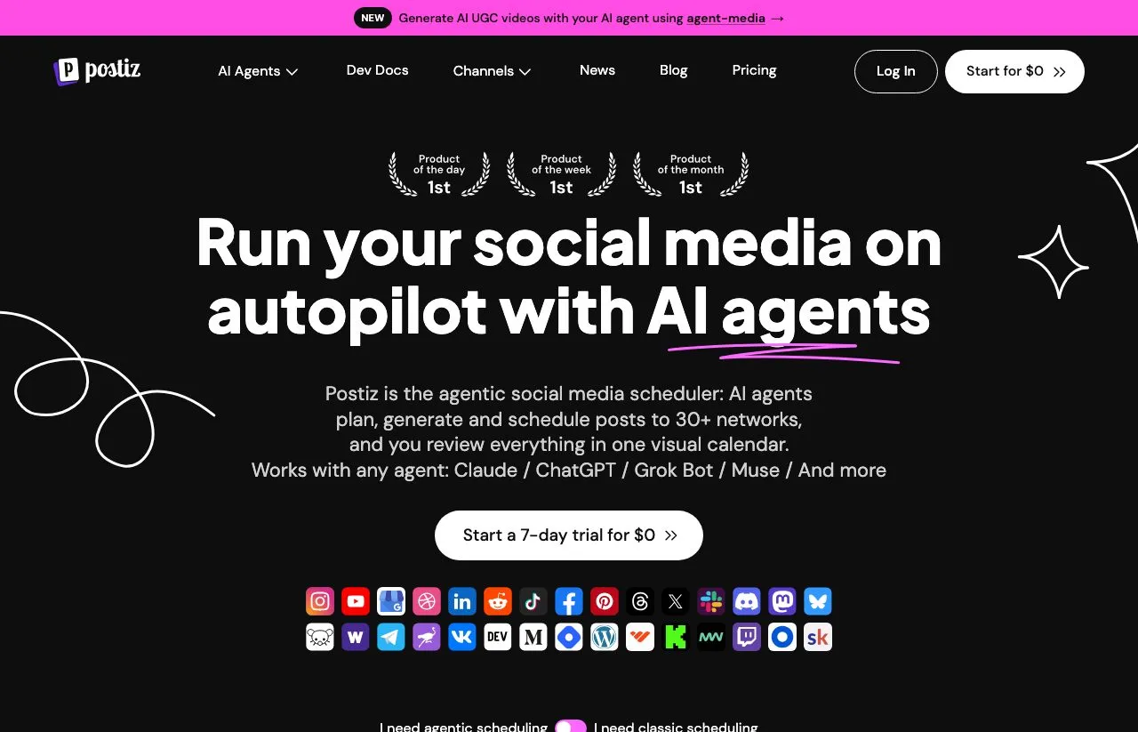 Postiz's homepage, which pitches running your social media on autopilot with AI agents.