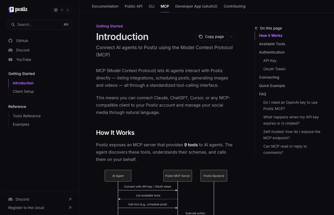 Postiz's MCP documentation showing the hosted endpoint and the nine tools it exposes to an AI agent.