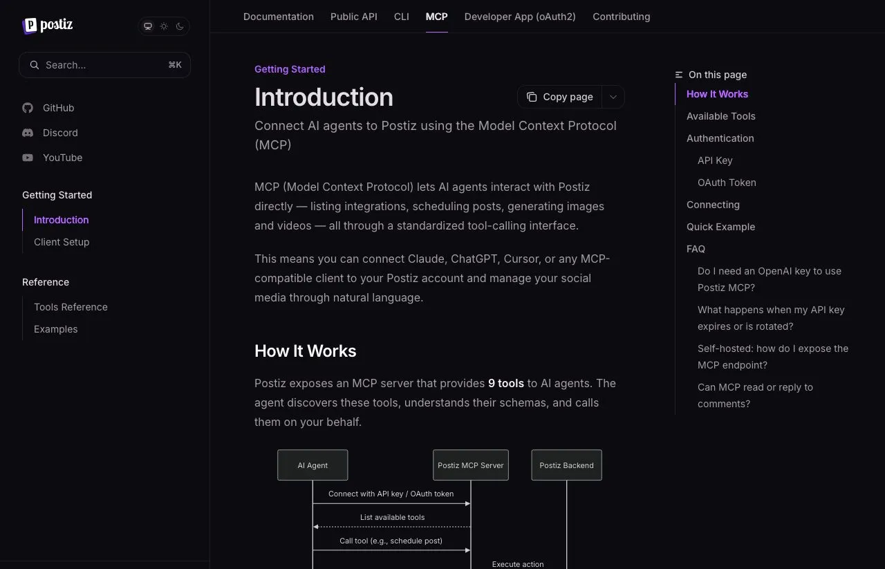 Postiz's MCP documentation showing its 9 tools and the Claude, ChatGPT and Cursor client setup.