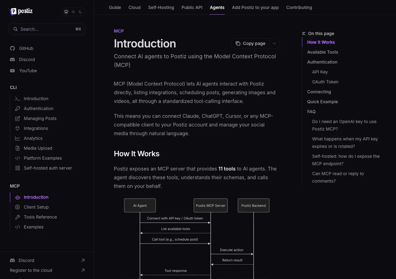 Postiz's MCP documentation showing its 11 tools and the Claude, ChatGPT and Cursor client setup.