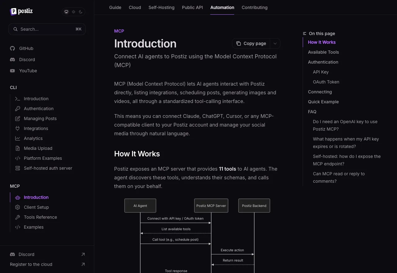 Postiz's MCP documentation stating the hosted server provides 11 tools to AI agents.