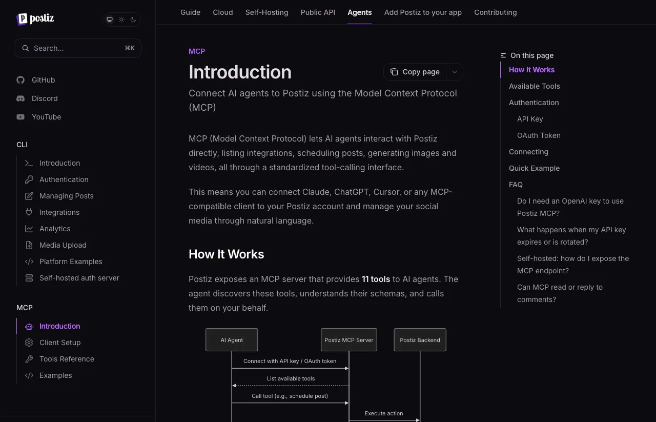 Postiz's MCP documentation listing the 11 tools its server exposes, alongside the Claude, ChatGPT and Cursor client setup.