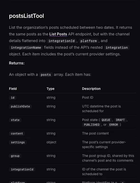 Postiz's MCP documentation for postsListTool: posts between two dates, returned with ID, publish date, state, content, settings, group and channel fields.