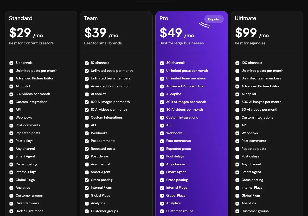 Postiz pricing: Standard at $29 for 5 channels, Team at $39 for 10, Pro at $49 for 30, and Ultimate at $99 for 100 channels.