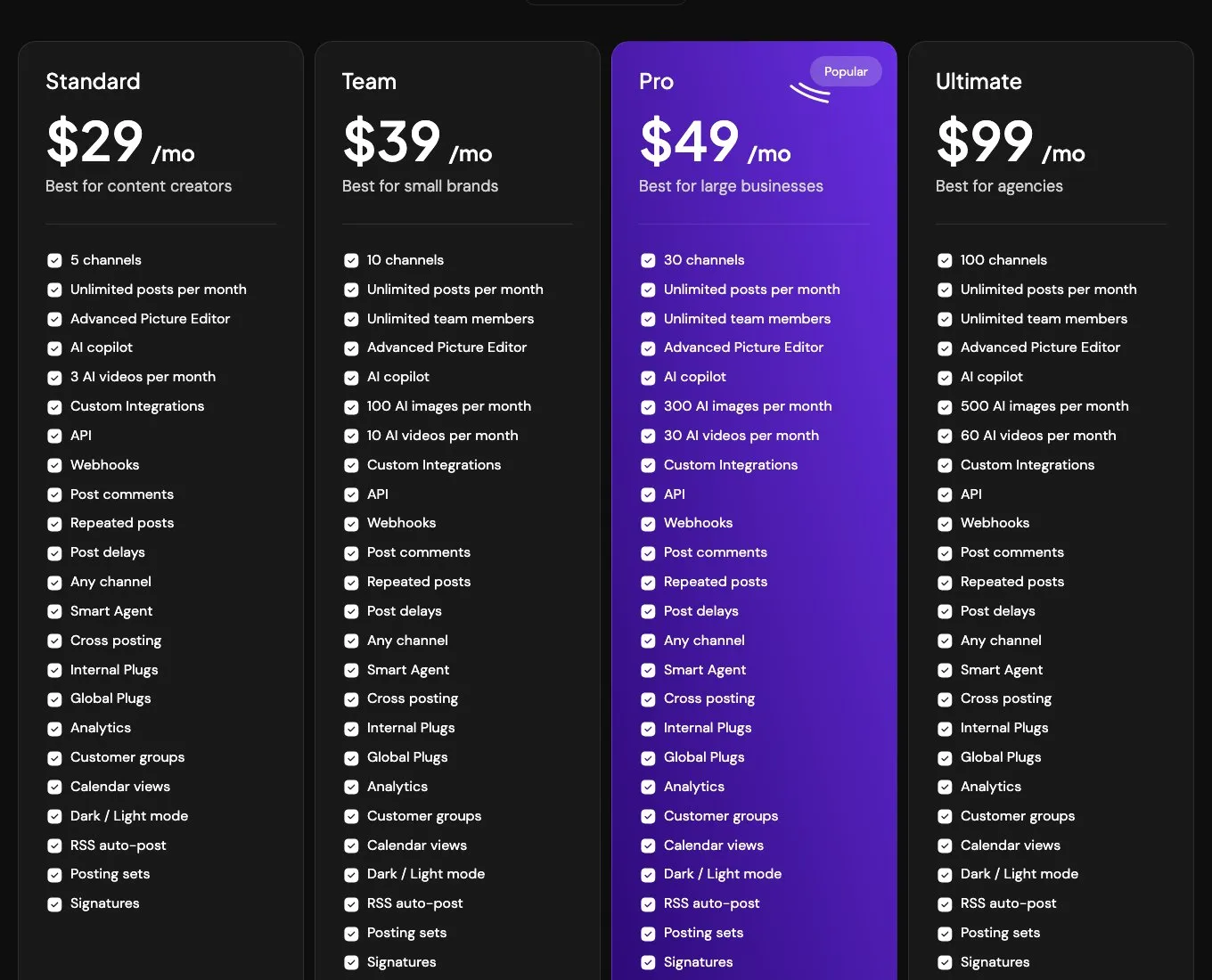 Postiz pricing: Standard at $29 for 5 channels, Team at $39 for 10, Pro at $49 for 30, and Ultimate at $99 for 100 channels.