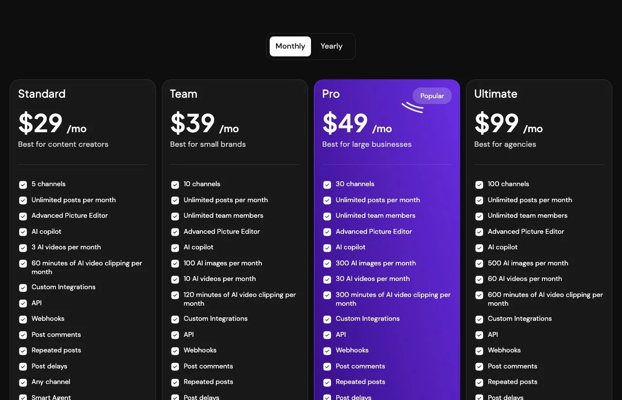Postiz's pricing cards on the monthly toggle: Standard at $29, Team at $39, Pro at $49 and Ultimate at $99.