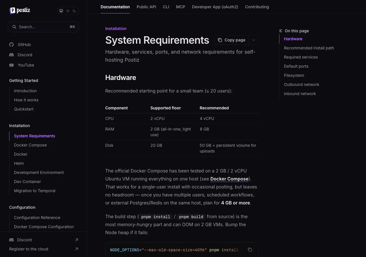 Postiz's system requirements: 4 vCPU and 8 GB RAM recommended, with PostgreSQL, Redis, and Temporal required.