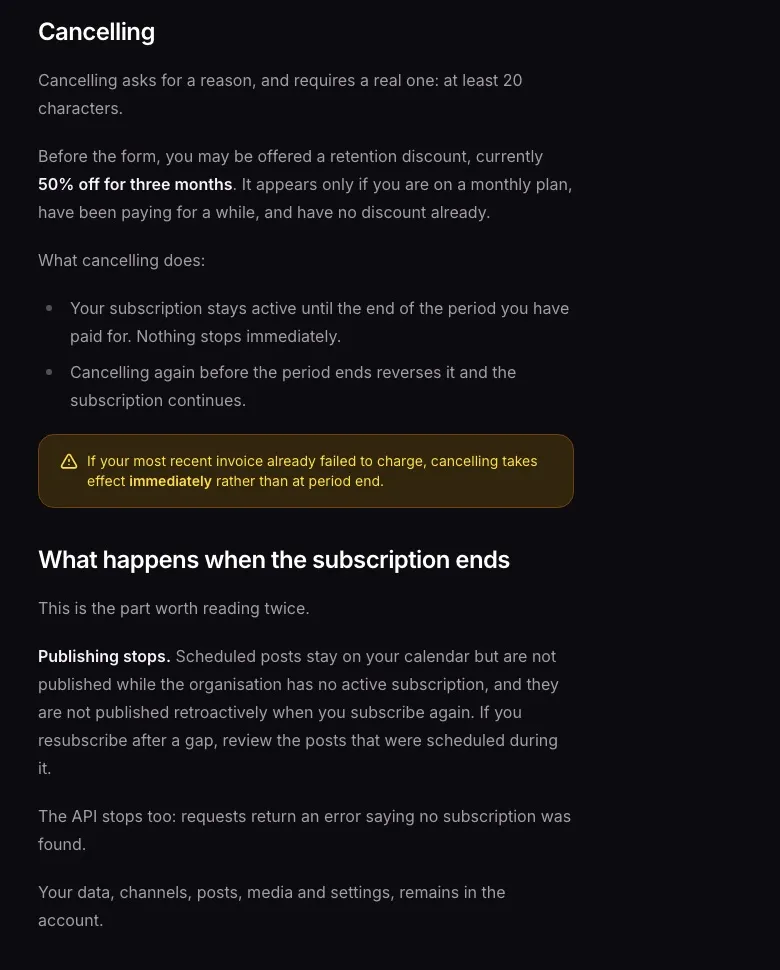Postiz's subscription docs: when a subscription ends, scheduled posts stay on the calendar but don't publish, and API requests return an error.