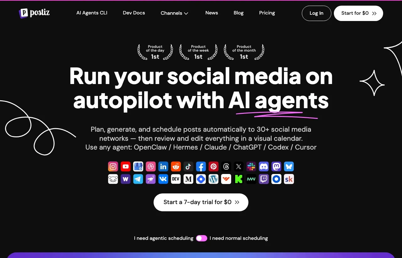 Zernio alternative Postiz homepage showing open-source social media scheduling with AI agents