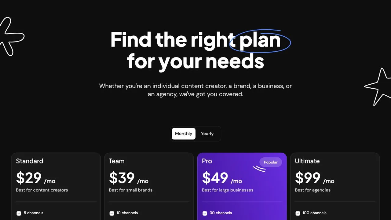 Post Bridge alternatives: Postiz pricing page showing hosted plans alongside self-hosting