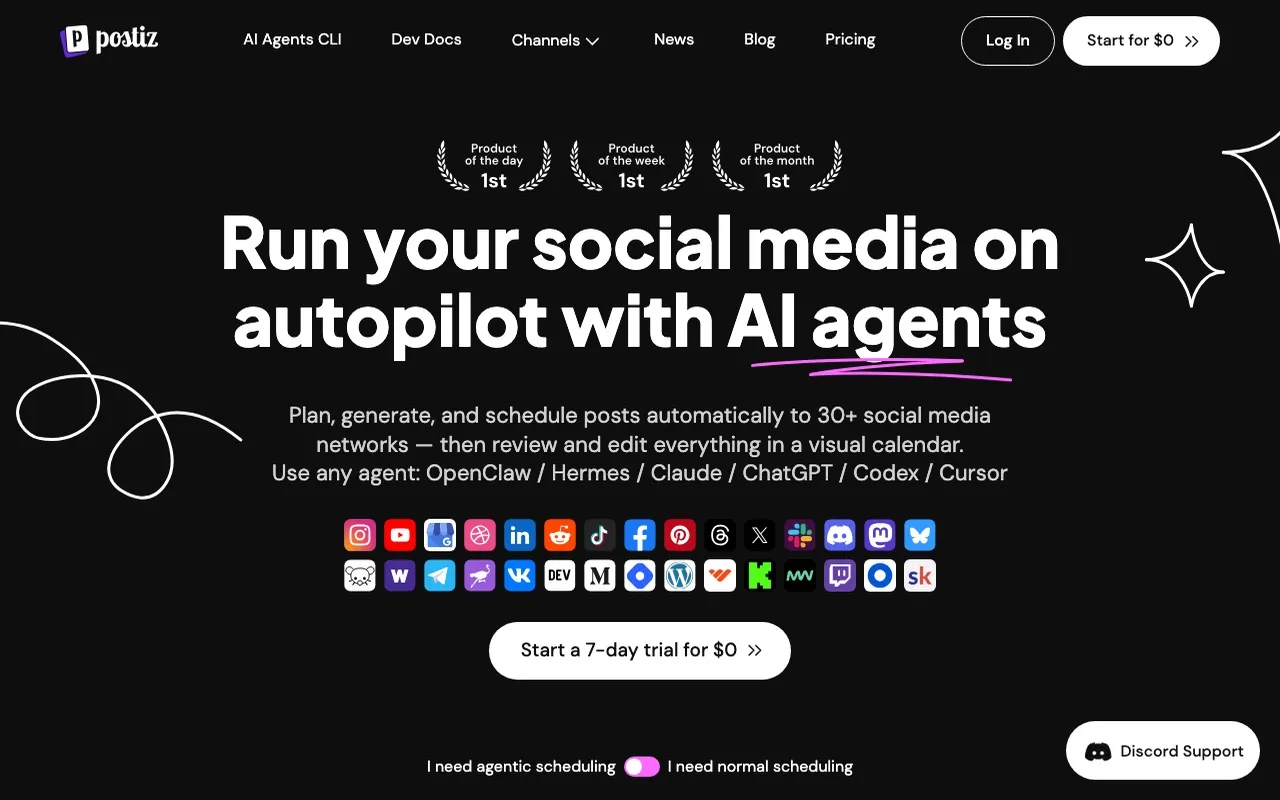 Postiz's homepage: an agentic social media scheduling tool that posts to 30+ networks, with AI agent support for Claude, ChatGPT, Codex, and Cursor.