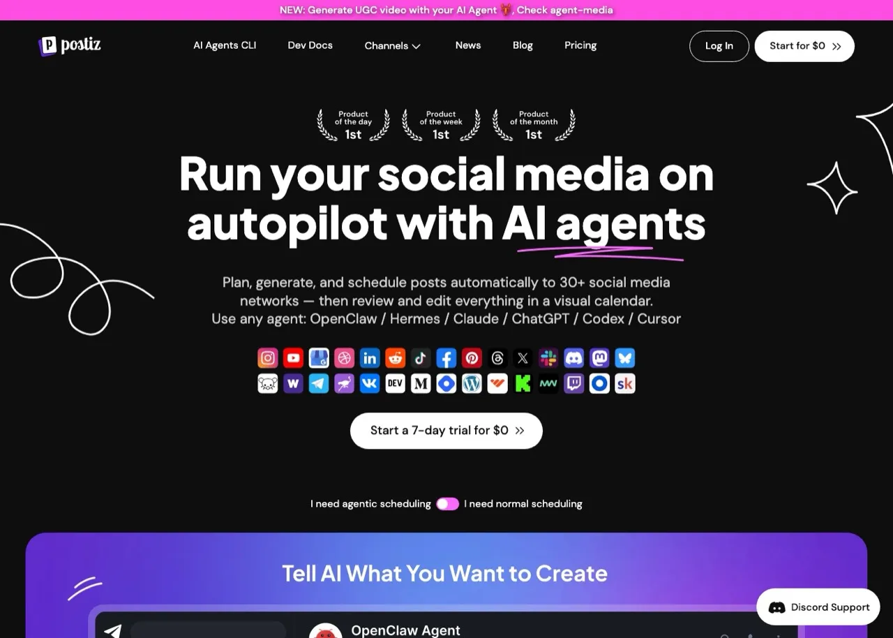 WoopSocial alternative Postiz homepage showing AI agent social media scheduling across 30+ channels