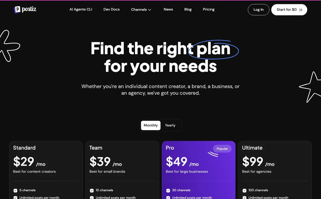 PostPulse alternative Postiz pricing page showing hosted plans and the open-source option