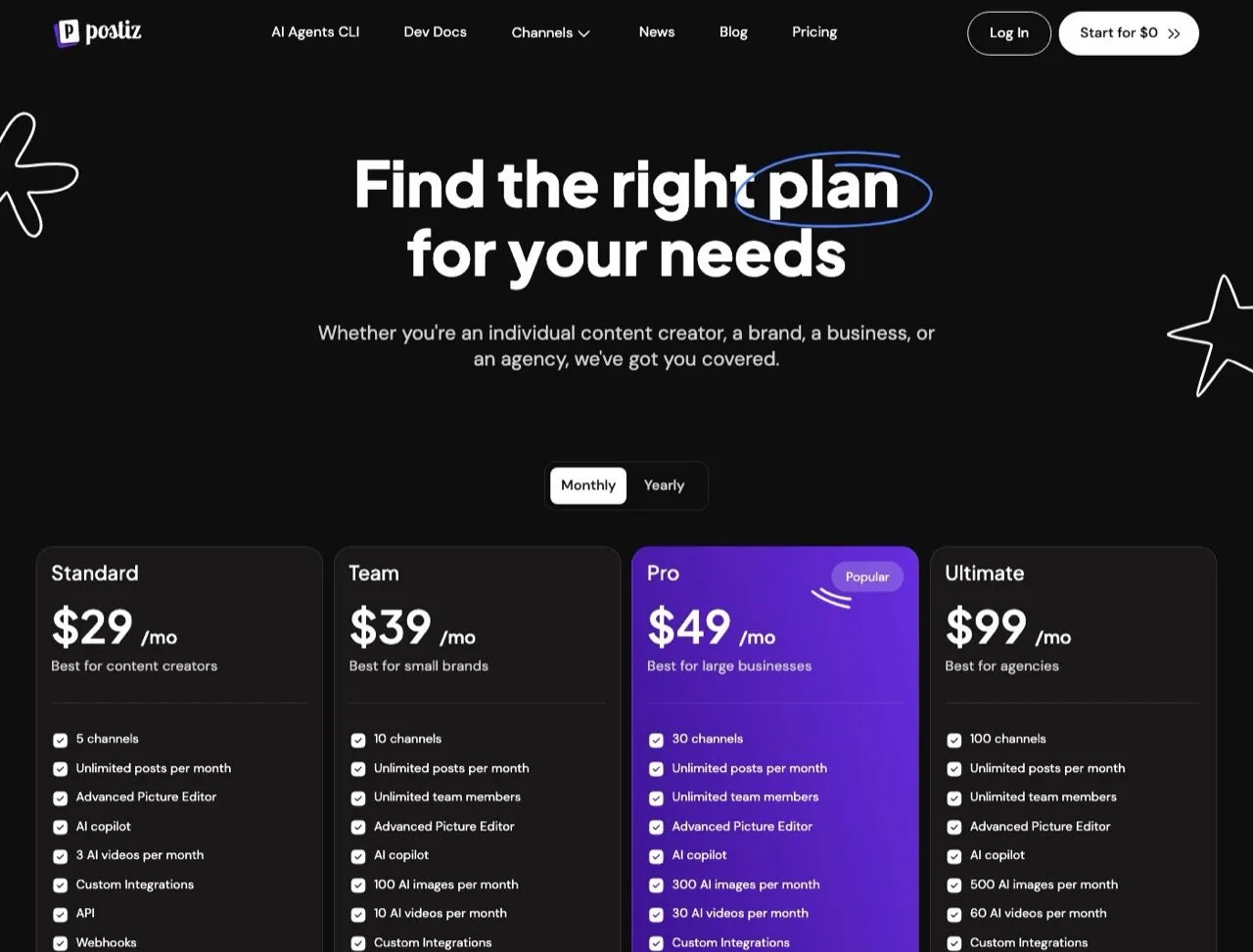 Bundle.social alternatives: Postiz pricing page with hosted plans beside free self-hosting