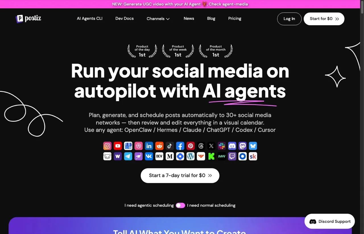 Ayrshare alternative Postiz homepage showing open-source social media scheduling with API access