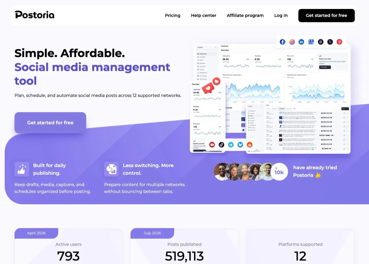 Postoria homepage showing a simple affordable social media management tool for 12 networks