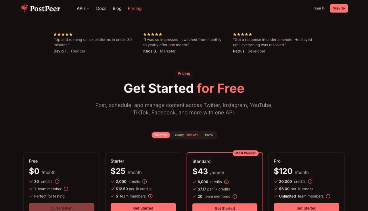 Bundle.social alternatives: PostPeer pricing page with credit-based tiers and unlimited accounts