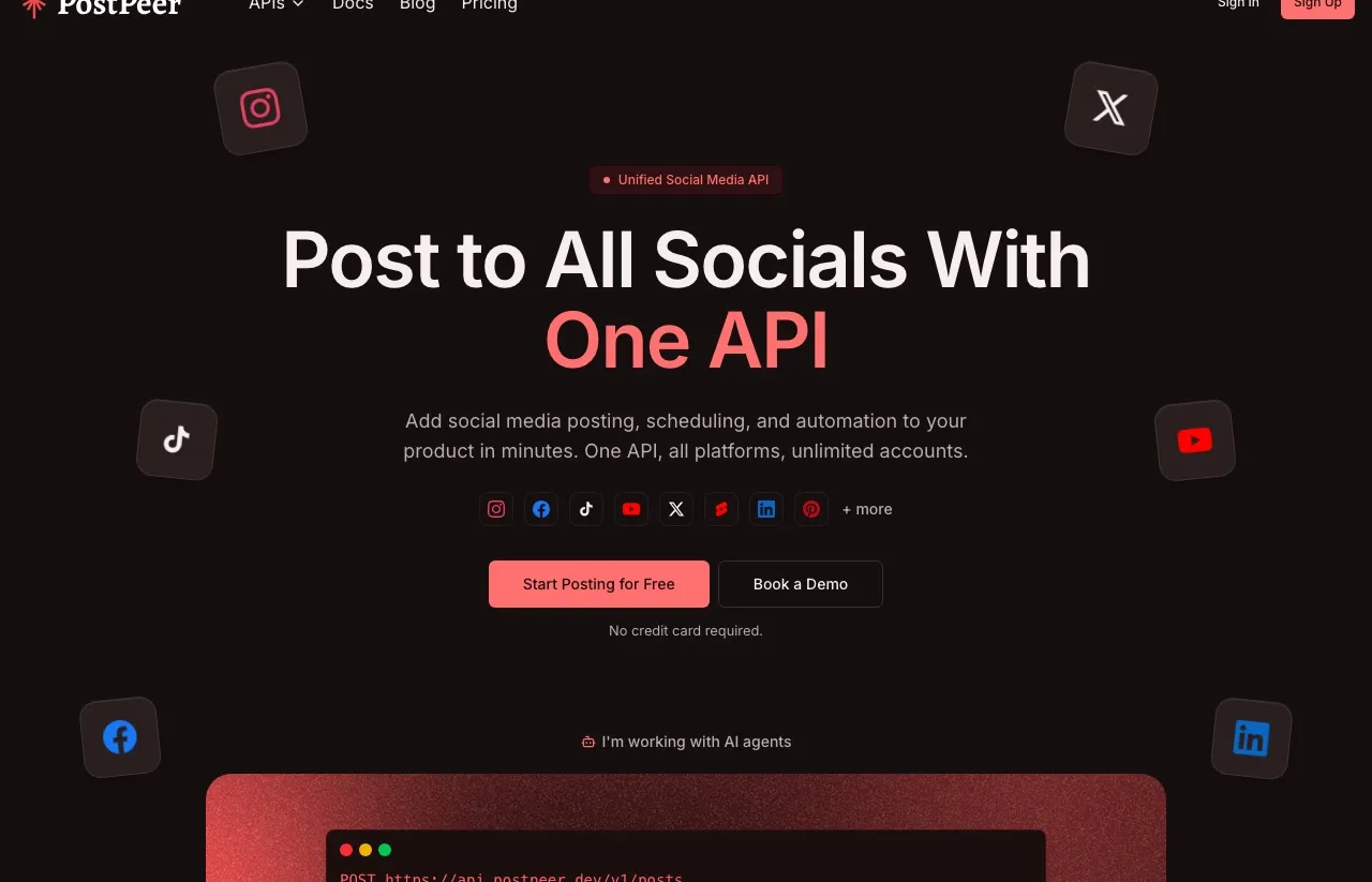Zernio alternative PostPeer homepage showing one API for posting to all social platforms