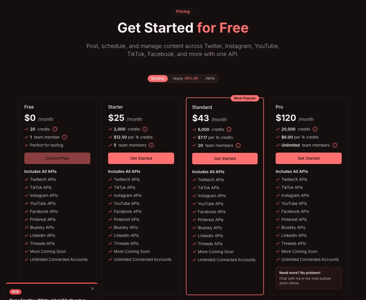 PostPeer pricing page showing credit tiers with unlimited connected accounts