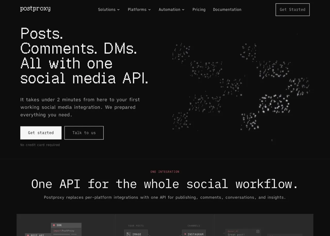 Postproxy homepage showing a unified social media API for posts, comments, and DMs