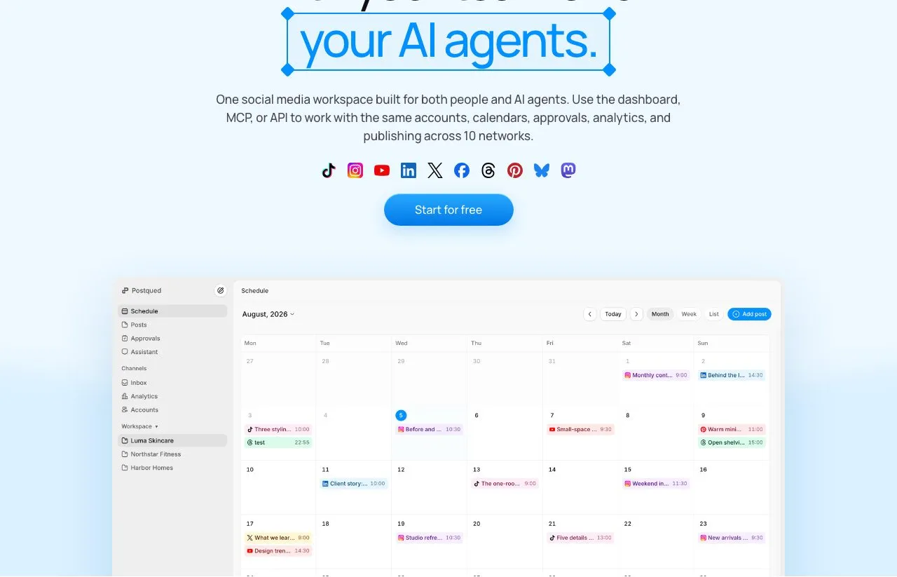 Postqued's homepage headline, "Run social media together with your team and your AI agents," above its 10 network icons and a shared content calendar.