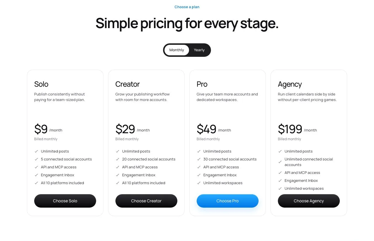 Postqued's pricing page on monthly billing: Solo at $9, Creator at $29, Pro at $49 and Agency at $199, each with API and MCP access and the Engagement Inbox.
