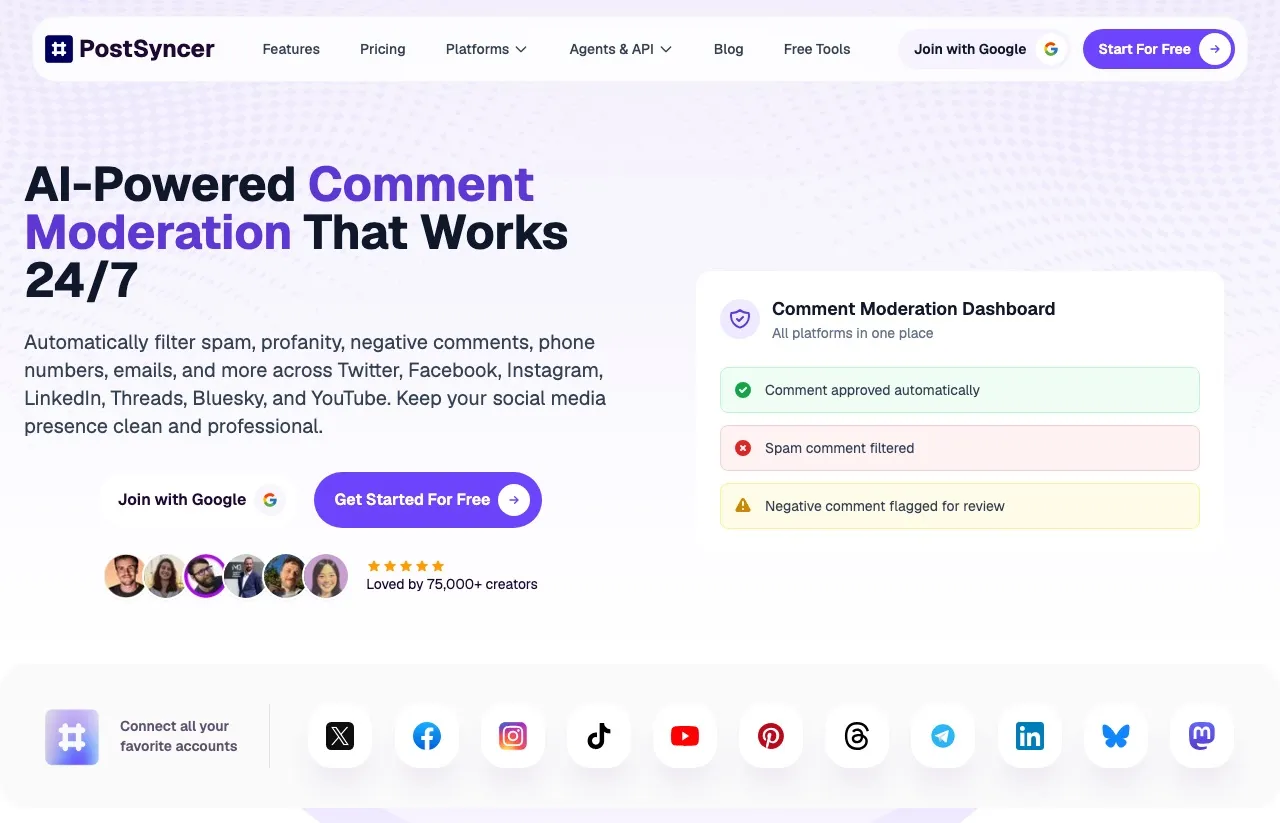 PostSyncer's comment moderation page: filters for spam, profanity, negative comments, phone numbers and emails across Twitter, Facebook, Instagram, LinkedIn, Threads, Bluesky and YouTube.