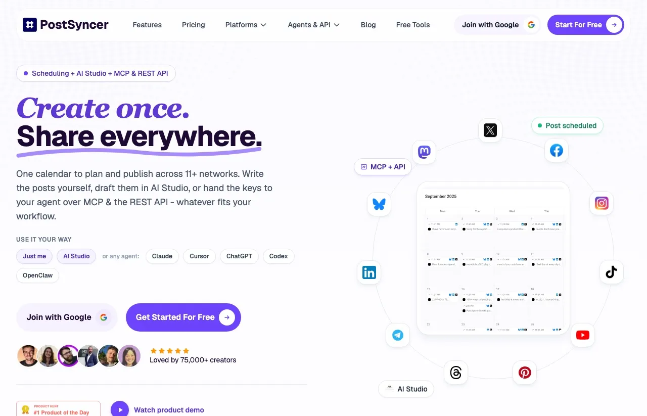 PostSyncer's homepage: "Create once. Share everywhere." with a content calendar ringed by the 11 networks it publishes to, and an MCP + API badge.