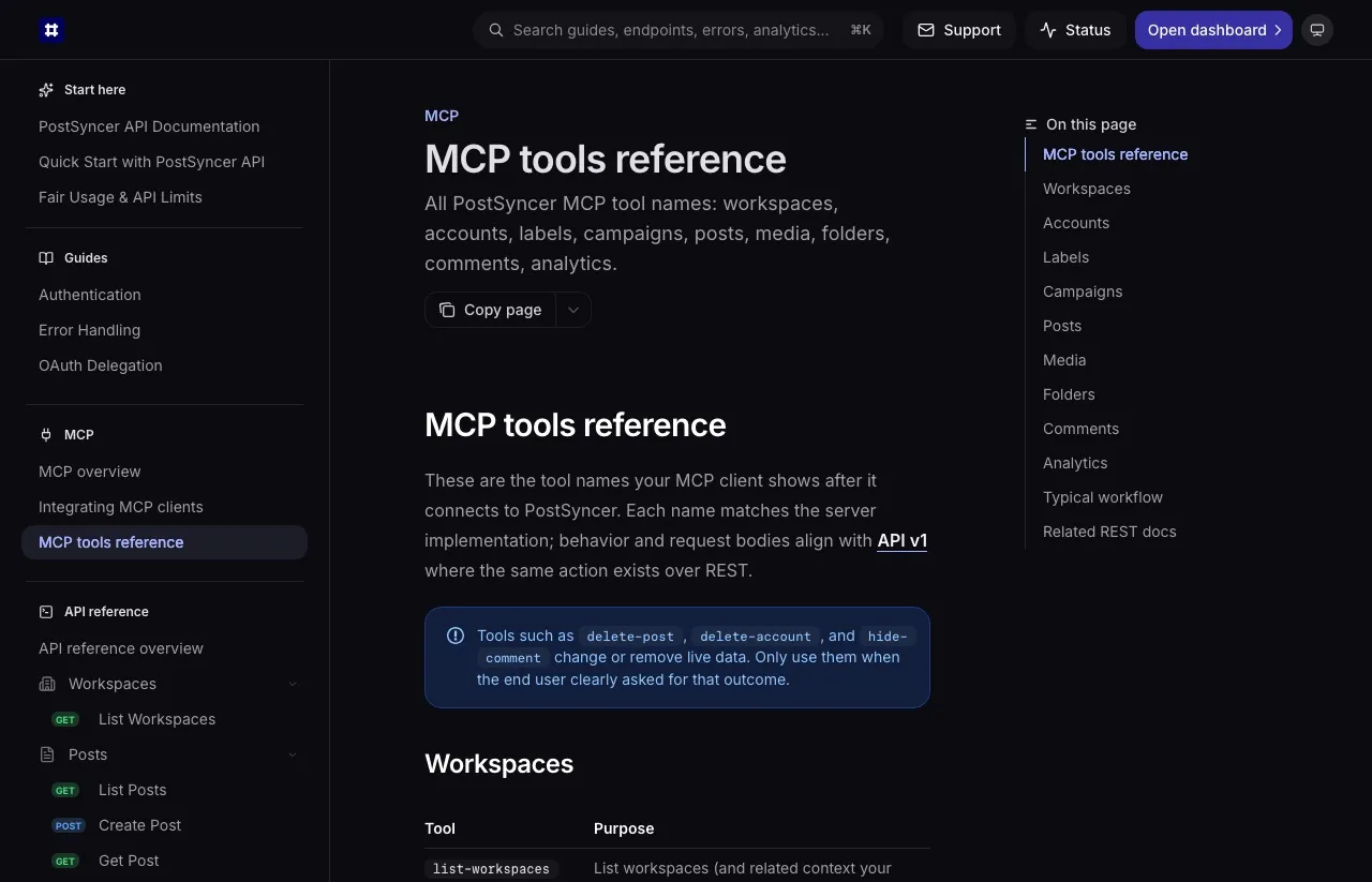 PostSyncer's MCP tools reference: tool names grouped into workspaces, accounts, labels, campaigns, posts, media, folders, comments and analytics, with a warning that delete-post, delete-account and hide-comment change or remove live data.