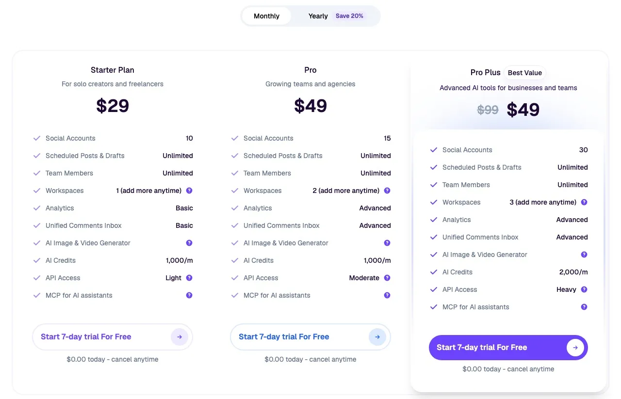 PostSyncer's pricing page on the monthly toggle: Starter at $29 for 10 accounts, Pro at $49 for 15, and Pro Plus shown at $49 against a struck-through $99 for 30.