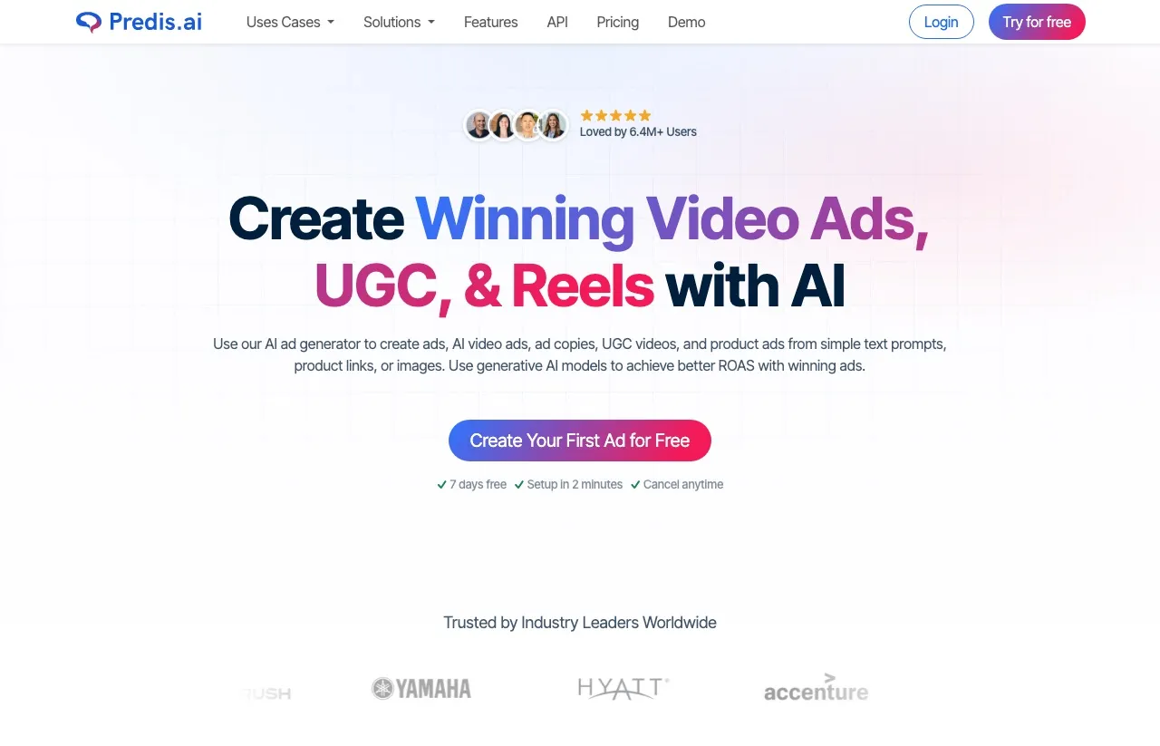 The Predis.ai homepage, positioning AI generation of social posts, ad creatives, and video around brand templates.