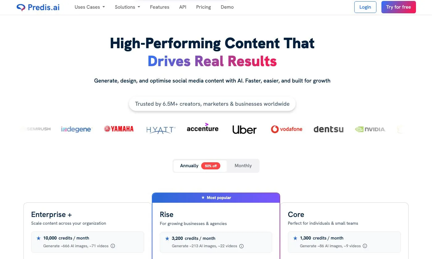 Publer alternative Predis.ai pricing with AI image and video credit tiers