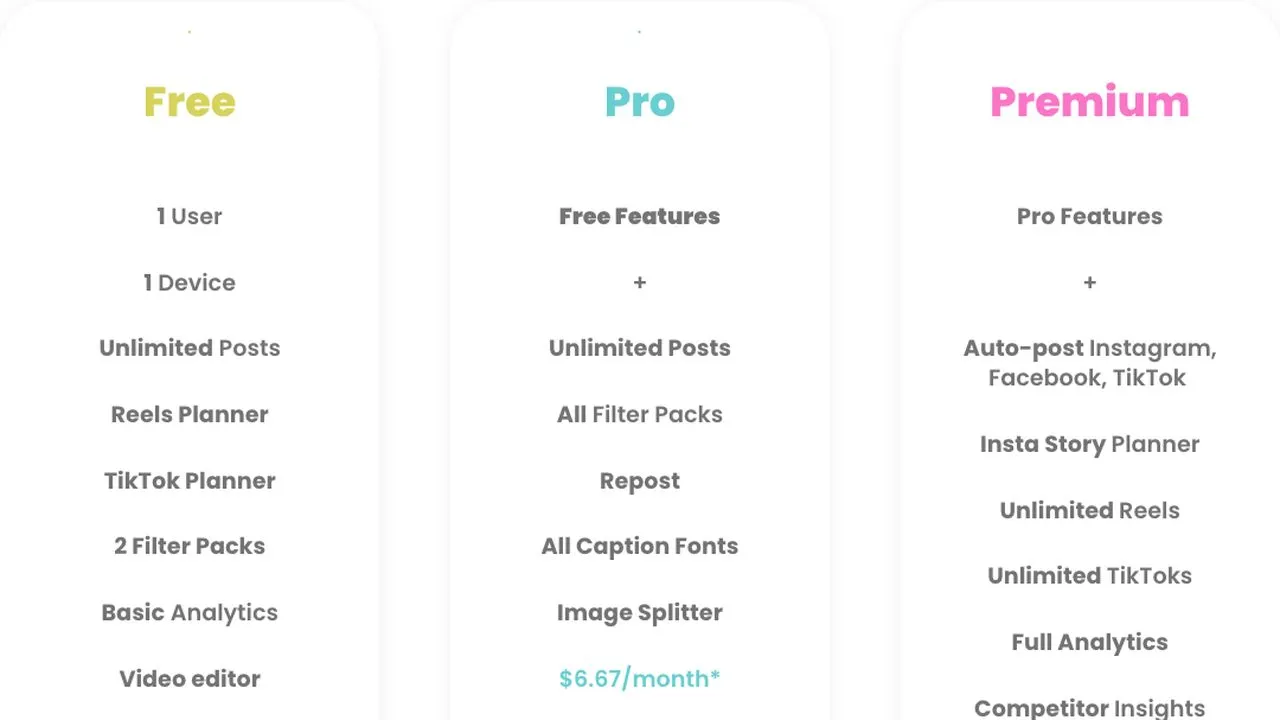 Planoly alternatives Preview app pricing page with Free, Pro and Premium plans