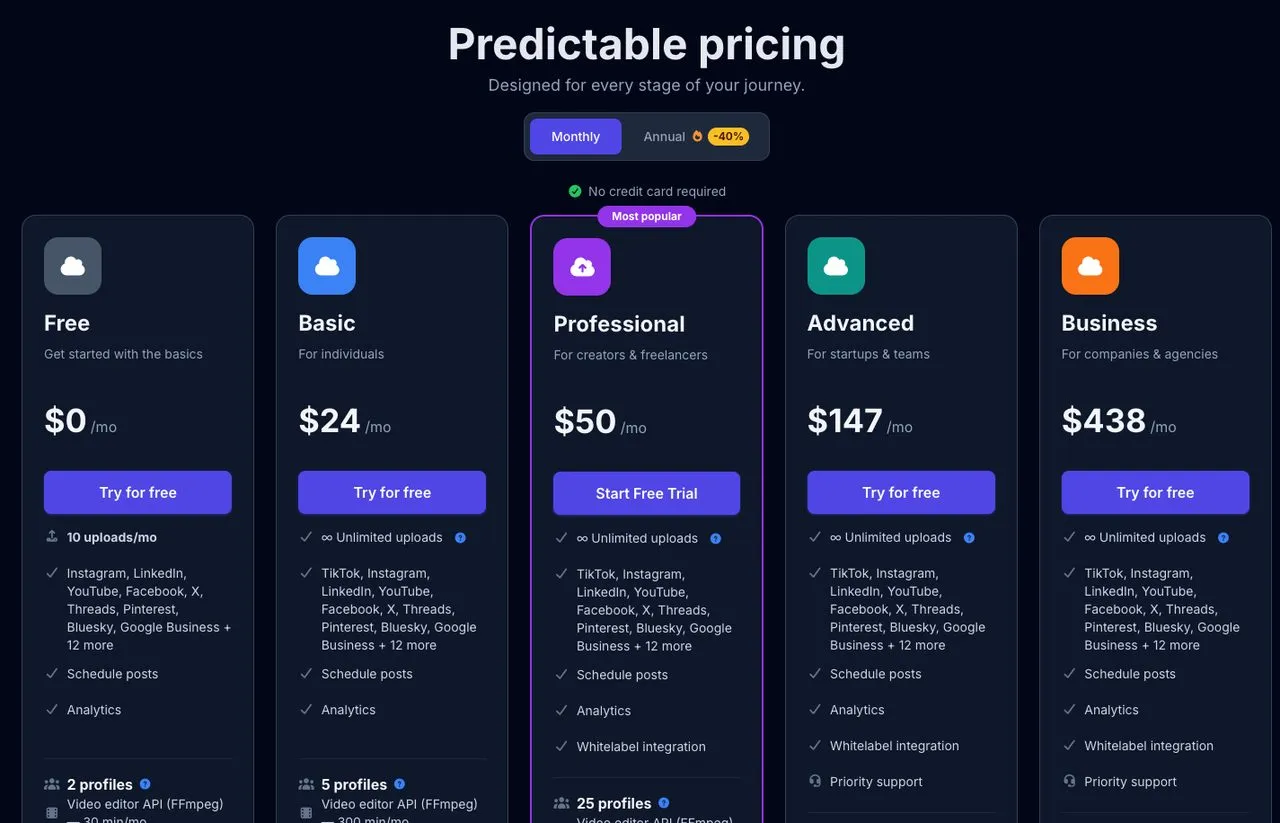Upload-Post pricing page with the Monthly toggle active, showing Free $0, Basic $24, Professional $50, Advanced $147 and Business $438 with profile counts