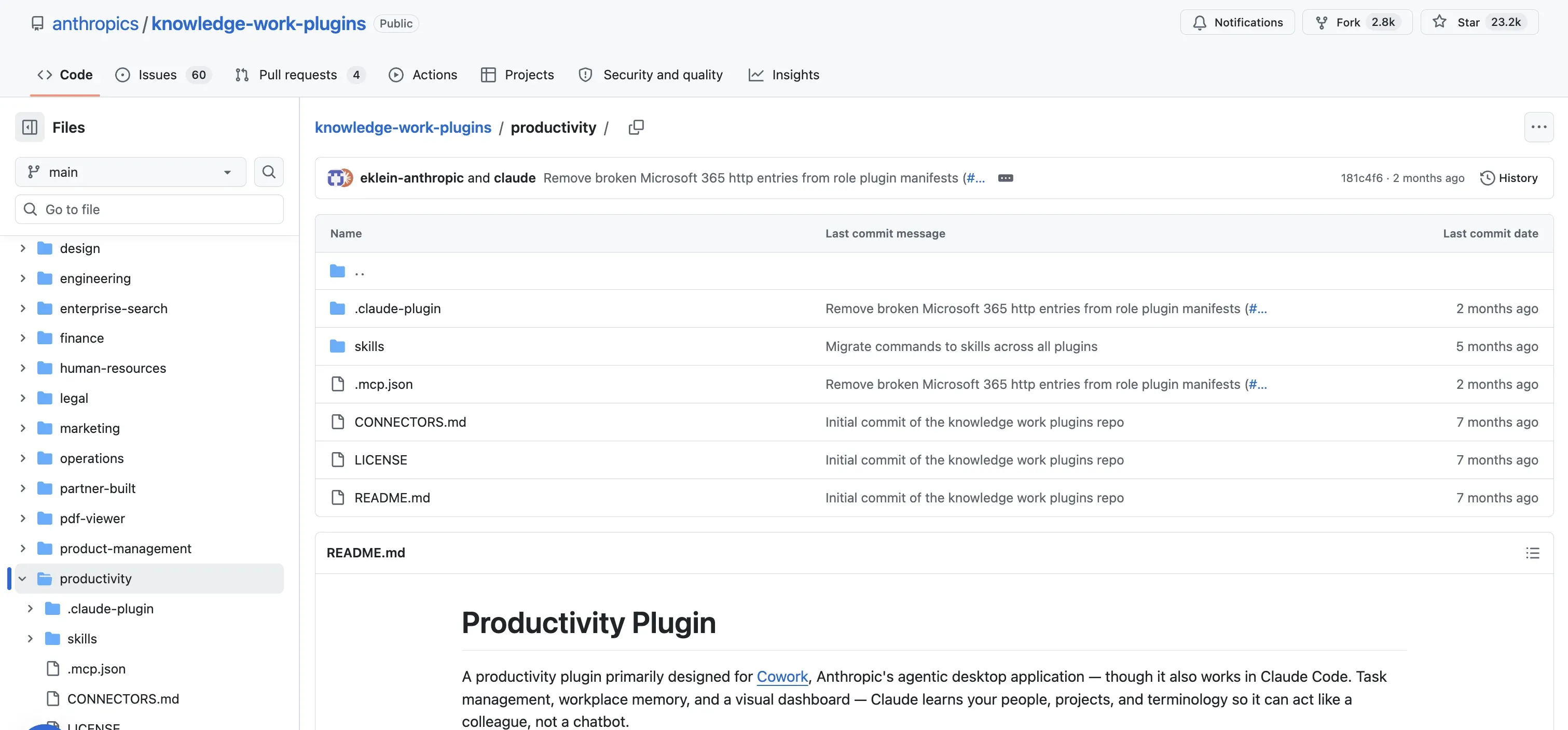 Claude Cowork plugins: the Productivity plugin's source folder on GitHub