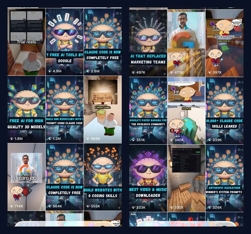 Two screens of Ikjot Juneja's Instagram profile grid showing per-Reel view counts, from 4.9M at the top down to 326K, with the drop-off visible across seventeen Reels.