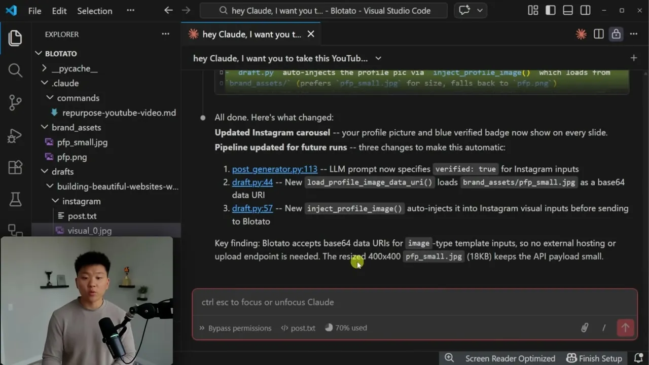 Claude Code reporting that Blotato accepts base64 data URIs for image template inputs, so no external hosting is needed, and that it resized the profile picture to 400x400 to keep the payload small.