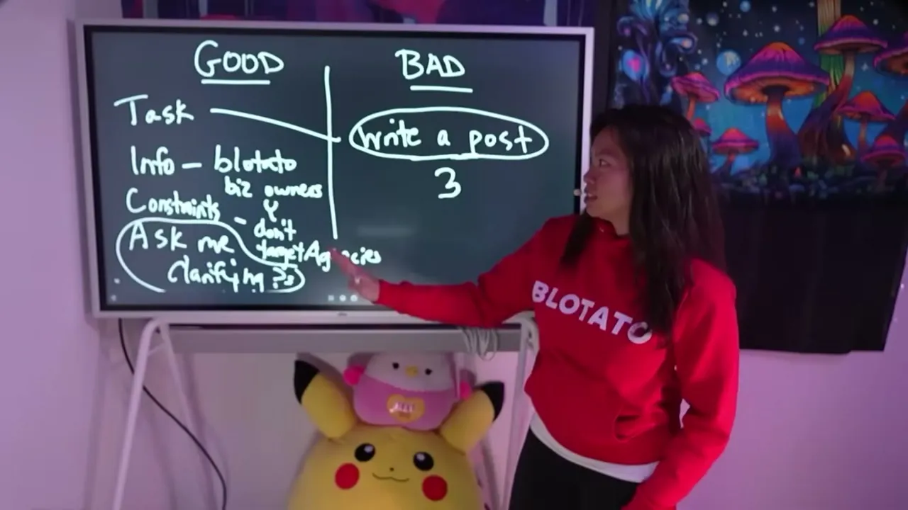 A whiteboard split into good and bad prompts, showing the context framework: task, info about the business, constraints, and ask me clarifying questions.