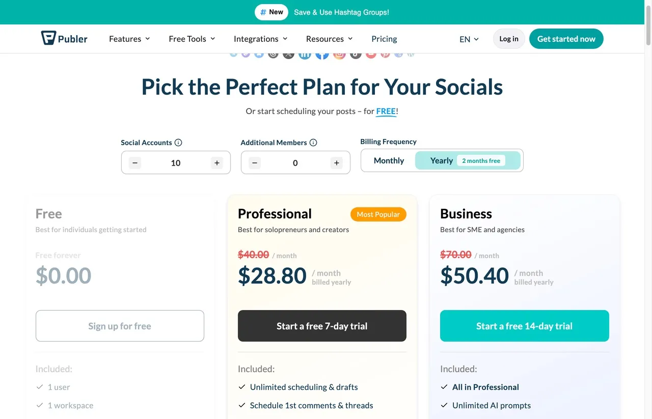 Publer's plans page with ten social accounts selected and yearly billing active, showing $28.80 a month charged against a struck-through $40.00 list price.