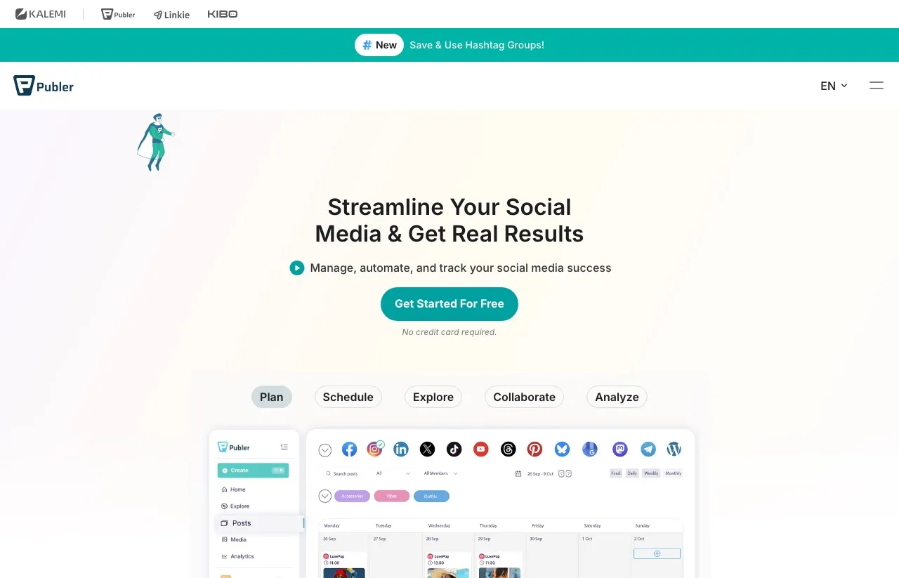 Publer's homepage, leading with planning, scheduling and analytics in a visual calendar rather than with automation.