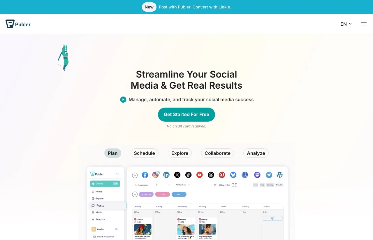 The Publer homepage, built around scheduling, bulk publishing, and queue management across social platforms.