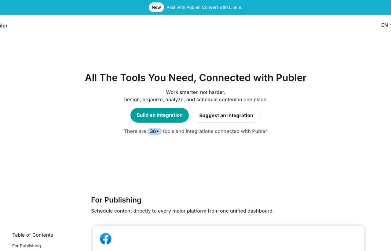 Publer's integrations page, where the automation section lists Zapier and Linkie only.