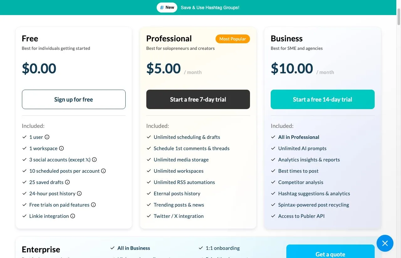 Publer plans page with the monthly toggle active, showing Free at $0.00, Professional at $5.00 a month with a 7-day trial, and Business at $10.00 a month with a 14-day trial