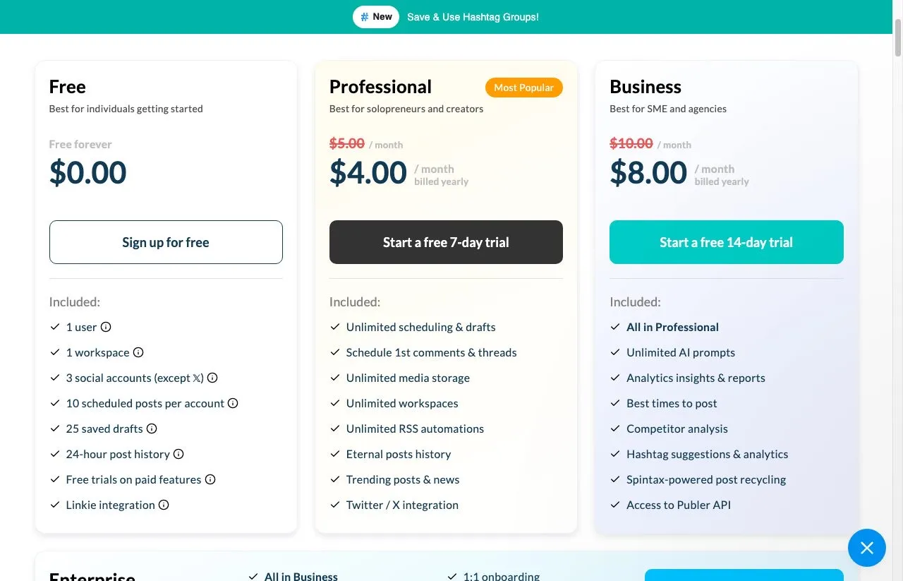 Publer plans page with the yearly toggle active, showing Professional at $4.00 a month and Business at $8.00 a month billed yearly