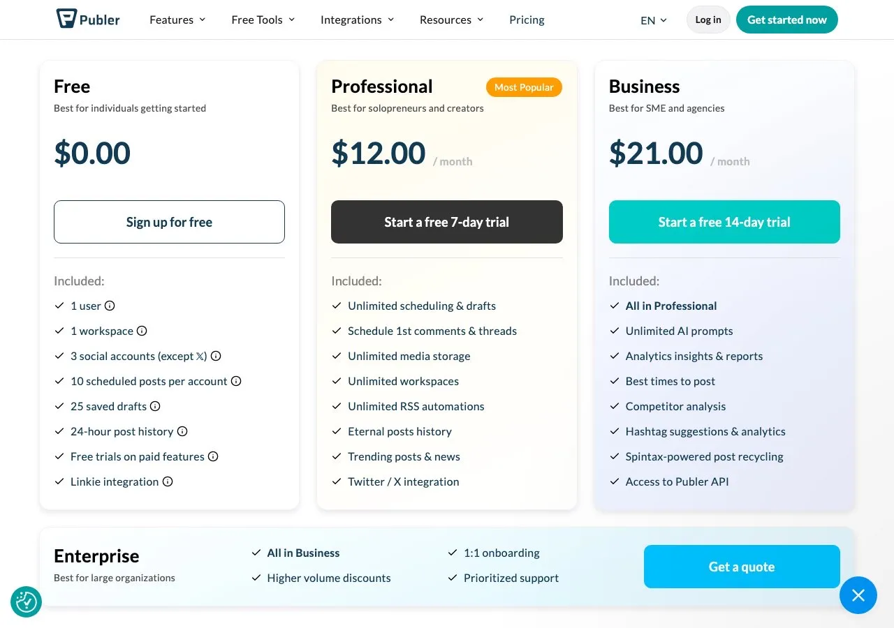 Publer plans page with the account count set to three, showing Professional at $12.00 a month and Business at $21.00 a month
