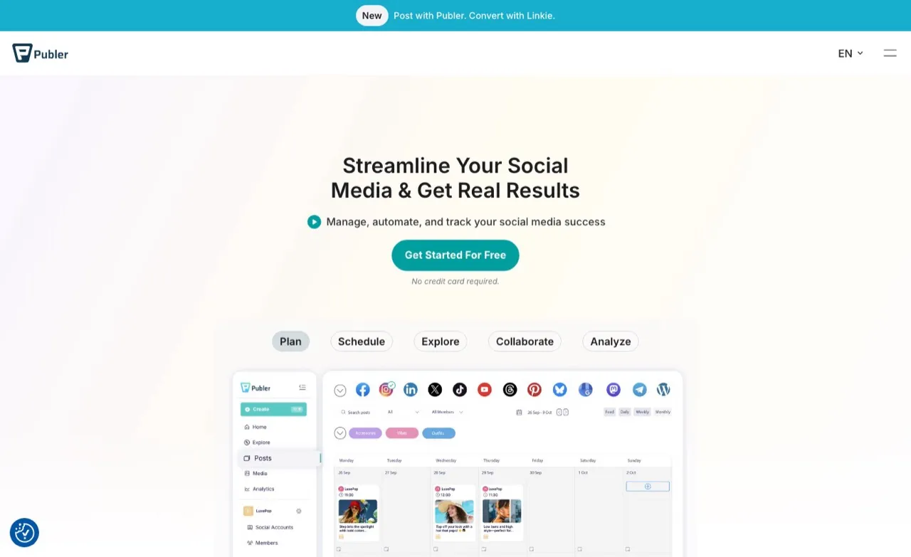 Postoria alternative Publer homepage showing social media scheduling, planning, and analytics