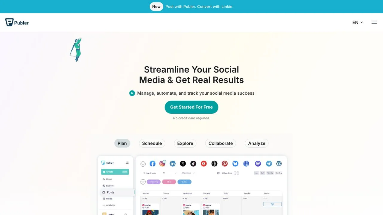SocialBee alternatives: Publer homepage showing its social media scheduling dashboard